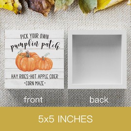 Rustic Autumn Pick Your Own Pumpkin Wood Box Sign, Farmhouse Fall Pumpkin Artwork Decor, Autumn Thanksgiving Harvest Wooden Square Sign Desk Block Signs Home Shelf Office Decoration 5 x 5 Inches