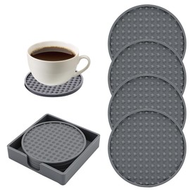 EKIND 3.94'' Silicone Drink Coasters Set, Non-Slip & Heat-Resistant Round Cup Mats with Square Silicone Storage Tray, Bar Table Protectors for Hot or Cold Drinks, for Various Cup Sizes(Grey, 4-Pack)