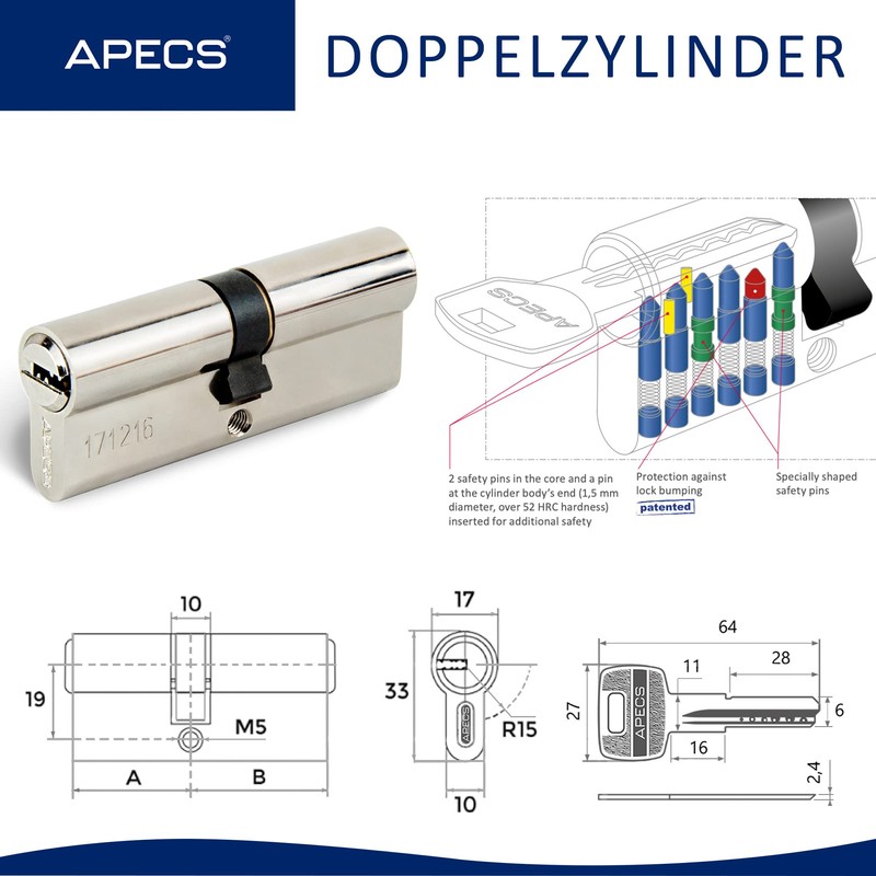 Generic APECS Cylinder Lock Profile Cylinder 30/35 mm for Door