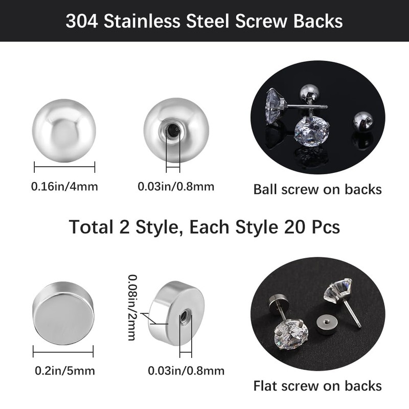 Beebeecraft 40Pcs Screw Ball Ear Backs Flat Round Ear Nuts