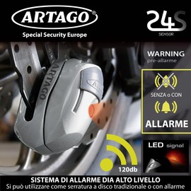 Artago 24S.6M - Bloqueo de disco de alarma para motocicleta, 120 dB, función de advertencia inteligente optimizada, luz LED, módulo de alarma reemplazable, batería CR2 de litio de larga duración, protección de cilindro, pin de 6 mm