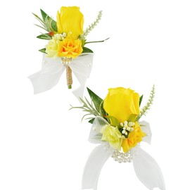 Floinla Yellow Corsage and Boutonniere Set for Wedding Prom, Artificial Rose Flower Homecoming Corsage Wristlet, Boutonniere for Men Wedding Suit Decor