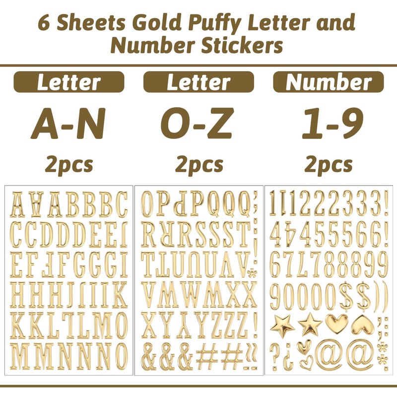 Gold Letter Stickers, 6 Sheets 1 Inch 3D Self Adhesive