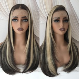 Dark Brown with Blonde Highlights 13x6 Lace Front Glueless Wig Pre Plucked Synthetic Lace Front Wig for Women Layered Straight Highlight Brown Blonde Wear to Go Wig Daily Use 22 Inch