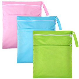Huiguli Waterproof Cloth Nappies Wet Bags, Pack of 3 Reusable Wet Bag, Large Wet Dry Cloth Nappy Bag with Zip for Baby Swimming, Travel, Gym, Green Blue Pink, Casual