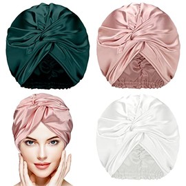 3 Pieces Silk Hair Wrap for Sleeping Women Bonnet Silk Sleeping Bonnet Elastic Hair Care Sleep Cap for Natural Curly Hair (White, Rose Gold, Green)