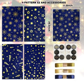 Wrapping Paper Flat Sheets, Blue Gift Wrapping Paper Set with Sticker Ribbon, Men Gift Wrap Birthday Wrapping Paper with Navy Blue and Gold Stripes Star Design, for Men Boy, for Birthday, Hanukkah,
