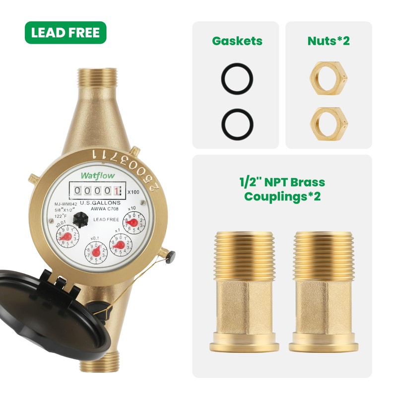 Watflow DN15 1/2" NPT Couplings Gallon Water Meter, Lead Free