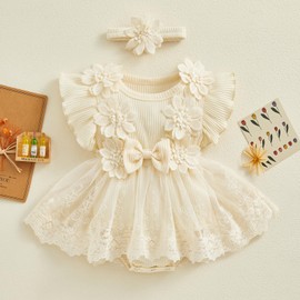 ZAXARRA Infant Baby Girl Lace Romper Baby Tulle Dress Romper Flowers Bodysuit Spring Summer Festival Clothes with Headband (Apricot, 0-3 Months)