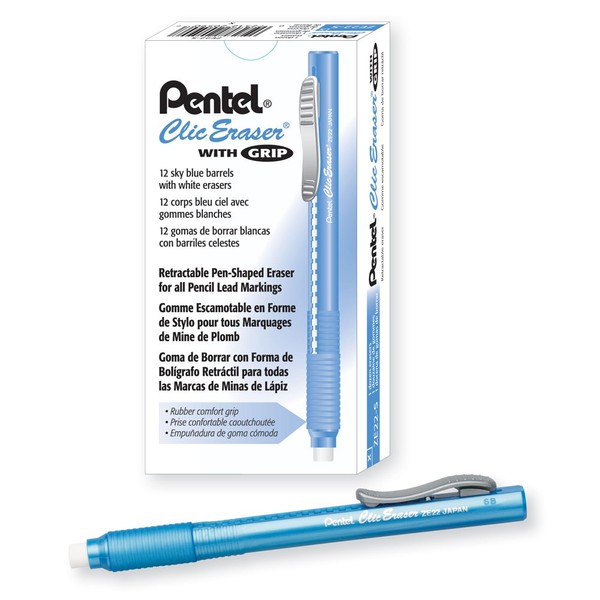 Pentel Clic Eraser Grip, Retractable Eraser, Sky Blue Barrel, Box