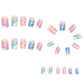 Press On Nails Medium Square - Colorful Gradient Artificial Acrylic With Marbling Design, Full Cover Reusable Glossy False Nails, DIY Stick On for Women