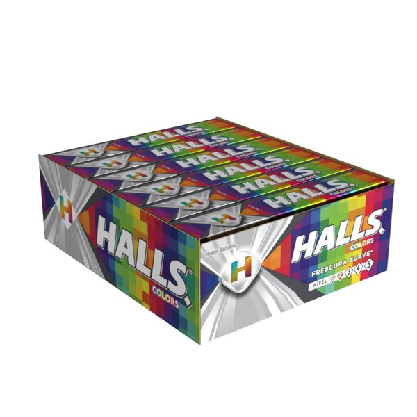 Halls Caramelo macizo sabor Colors variedad, caja con 12 paquetes de 25.2 gr cada uno