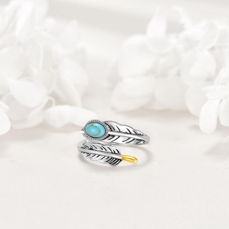 925 Sterling Silver Ring Feather Ring Turquoise Rings Adjustable Feather