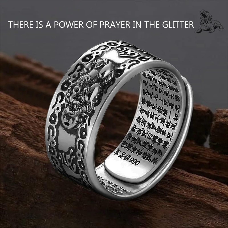GAUEIOUR Feng Shui Ring Silver,Pixiu Lucky Silver Jewelry,Mani Mantra Protection