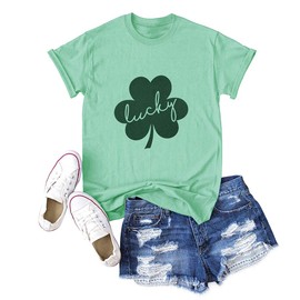 0% Irish St. Patrick's Day Shirts for Women Four-Leaf Clover Printed Short Sleeve Tee Tops (Green 1, M)