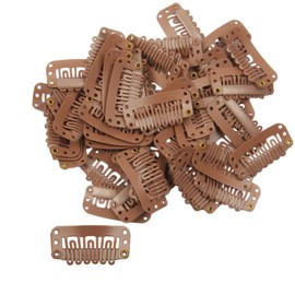 50pcs Wig Clips 32mm Snap Clips for Hair Extension 6-teeth Light Brown Color Hair Extensions Clip with Thread and Needles (Light Brown -50pcs)