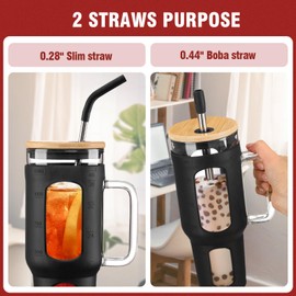 WINSA Glass Tumbler with Lid and Straw, 46 oz Iced Coffee Cup with Handle, Large Water Bottles with Silicone Sleeve, Glass Cup with Straws - Pearl Straw & Drinking Straw BPA Free-Black