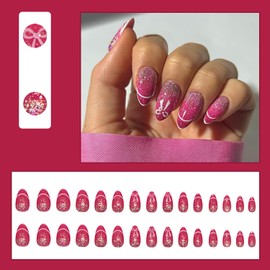 RIICFDD Medium Press on Nails Almond Fake Nails Rose Pink False Nails Short Artificial Glossy Acrylic Nails Hollow French Tip Nails Full Cover Cute Bow Glue on Nails for Women Nail Art 24 Pcs