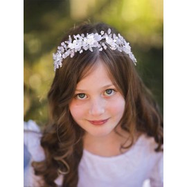 IYOU Flower Girl Headband White Flowers Communion Headpiece Pearl Crystal Hair Pieces Bridal Wedding Hair Accessories for Princess Girls