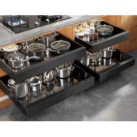 Seinloes 4 Pack Expandable Pull Out Cabinet Organizer 21"Deep With Raising Pad for Framed Cabinets,Upgrade 3 Slide Rails Slide Out Drawers,No Drill Roll Out Shelves,Adjustable Width 15.1"-26.3" Black