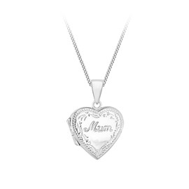 Tuscany Silver Women's Sterling Silver Heart Engraved Edge"Mum" Locket Pendant on Curb Chain of 46cm/18"