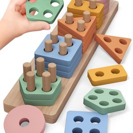 Montessori Toys for 1 to 3-Year-Old Boys Girls Toddlers, Wooden Sorting & Stacking Toys for Toddlers and Kids Preschool, Educational Toys, Color Recognition Shape Sorter, Learning Puzzles Gift - Color: Colorful-b
