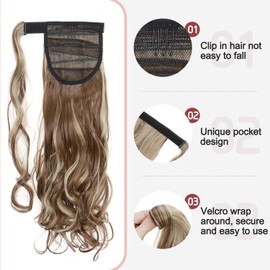 S-noilite Wrap Around Ponytail Extension Wrap Pony Tail Hair Extension One Piece Long Curly Clip In On Ponytail Hairpiece Wavy Synthetic Magic Paste Soft Silky (17",Light Brown Mix Ash Blonde)