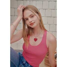CLASSYZINT Red Heart Pendant Necklace Glass Puffy Heart Necklace Beads Chain Choker Necklace Cute Heart Charm Jewelry