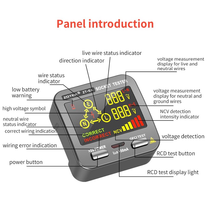 Socket Tester, Plug Tester for Electrical outlets,ZT-E4, Leakage Detector with