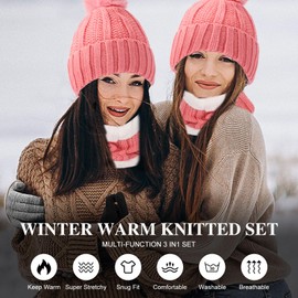 Runmeihe Hat Scarf Gloves Set for Women Ladies, 3 in 1 Winter Warm Knitted Set, Cold Weather Set with Knit Beanie Cap Touch Screen Gloves Circle Neck Scarf (UK, Alpha, One Size, Pink)