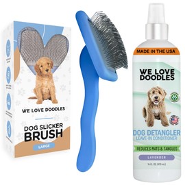 We Love Doodles Large Slicker Brush & Lavender Detangler Spray Pack - Goldendoodle Brush & Dog Leave-In Conditioner for Reducing Mats, Knots & Tangles, Dematting & Conditioning Grooming Kit, 16 oz