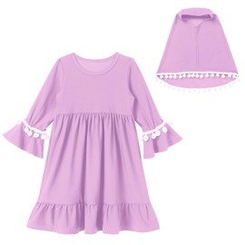 Infant Ramadan Dress Baby 1-2 Year Old Muslim Clothes Long Bell Sleeve Ruffle Dresses with Hijab Robe Eid Outfits Toddler Girls Newborn Baby Clothes For Girls Lavender Purple Pom-poms 2-3 Years