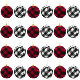 24pcs Christmas Ball Buffalo Plaid Fabric Christmas Balls 2.4"/60mm Hanging Ornaments Xmas Baubles Decorative Christmas Tree Hanging Ornaments for Party Holiday Decoration