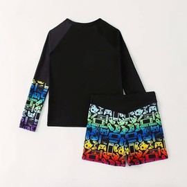 OXUBOAO Boys Swimwear Sets Kids Long Sleeve Bathing Suit UPF 50+ 3D Game Print Rash Guard Teen Swim Shorts (Black,9-10T)