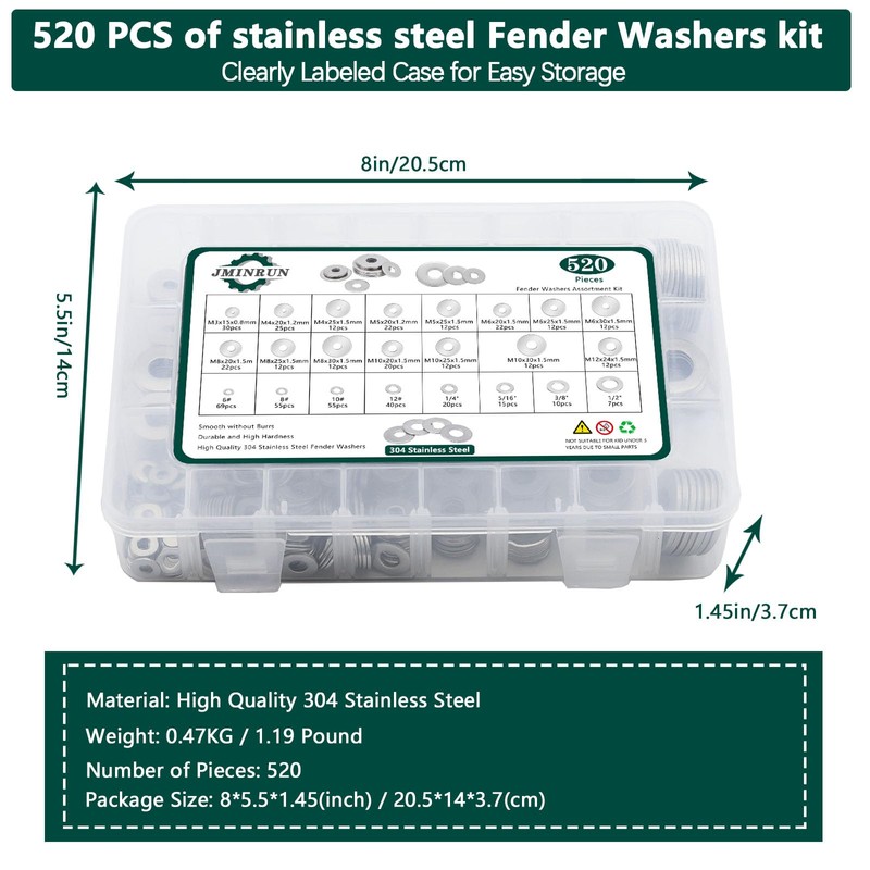 Fender Washers, 520 Pcs SAE + Metric 23 Sizes Flat