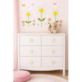 6-Pack Daisy Flower Drawer Knobs – White & Yellow Decorative Pull Handles for Kids’ Furniture, Nursery Dressers, Cabinets, and Closets – Adorable Flower-Themed Pulls for Girls’ Bedroom (4.7 X 4.7 cm)