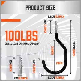 HORUSDY 6-Pack Heavy Duty Garage Storage Hooks, 6" Utility Wall Hooks for Tools, Ladders, Bikes, Hoses & Cords – Steel Garage Organizer Hooks for Wall Mount Storage Systems