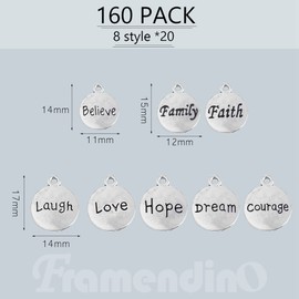 Framendino, 160 Pack Inspirational Message Tag Charms Words Charms Pendants for DIY Jewelry Making Silver 8 Styles