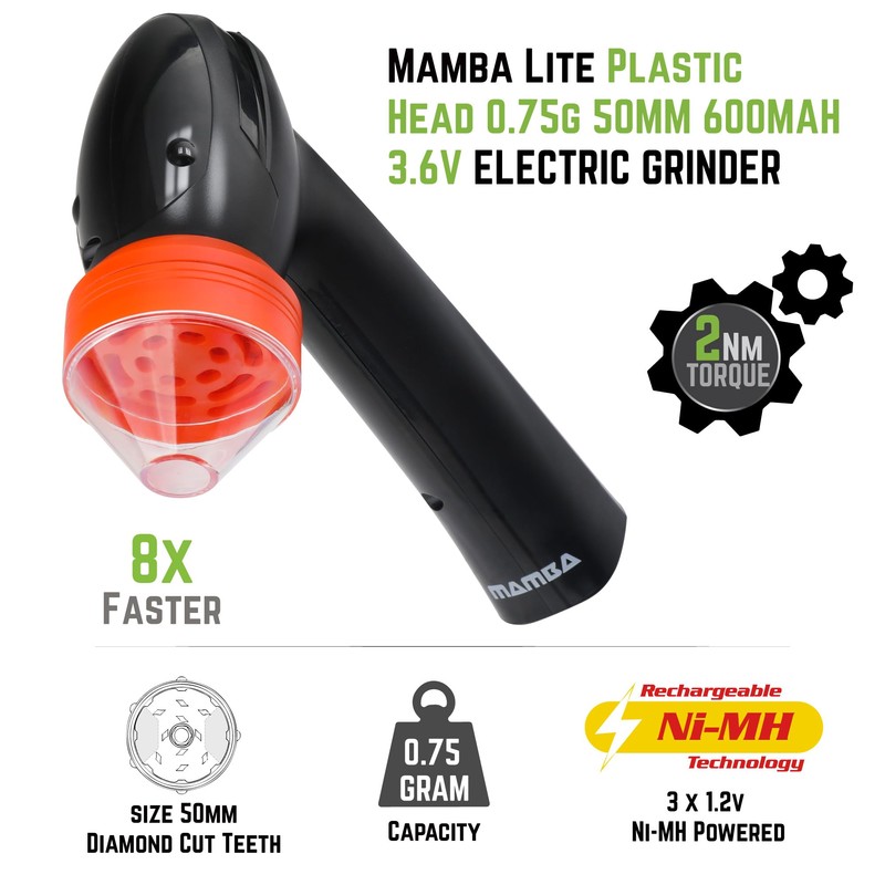 Mamba Lite 0.75g Orange All-Plastic Head USB Electric Herb Grinder.