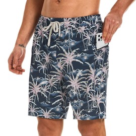 HODOSPORTS Mens Swim Trunks No Mesh Liner Mens Board Shorts 9 Inch Quick-Dry Bathing Suits with Zipper Pockets, Print-coconut Trees, Large
