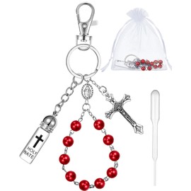Blushtier Holy Water Rosary Keychain with Small Glass Bottle Vial Crucifix and Eyedropper for Catholic Christian Gifts(Red)
