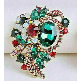 unsigned GORGEOUS Swirl FLOWER Green JEWEL Red Christmas Gift Necklace Pendant Brooch