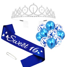 MSFLORAL Sweet 16 Sash and Rhinestone Tiara Kit, Silver Letter Royal Blue Birthday Sash Balloons Crystal Silver Tiara Crowns for Girl Birthday Gift Ideas Party Decorations