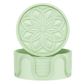 HFHOME Silicone Coasters Set for Drinks - 6 Pack With Holder, Table Cup Mat for Coffee Table, Desk, Bar - Tabletop Protection Gift - Nyanza Green