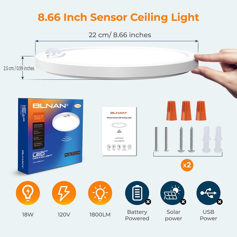 BLNAN Motion Sensor Ceiling Light Wired, 8.7 Inch 3000K 4000K