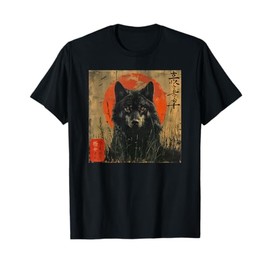 Wolf and Red Sun Japanese Style Dark Forest Art T-Shirt