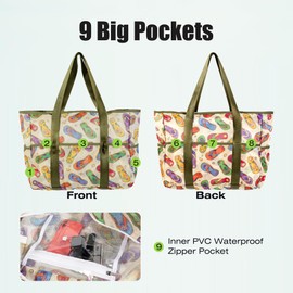 KUAK Mesh Beach Bag, Large Lightweight Mesh Tote Bags with Top Zipper, Inner Waterproof Pocket for Women Family Vacation Pool