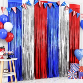 4th of July Decorations, 2 Packs 3.3 x 6.6 ft Red White and Blue Foil Fringe Backdrop Curtains Tinsel Streamers for Patriotic, Memorial Day, Veterans Day Party, Independence Day Party Decorations