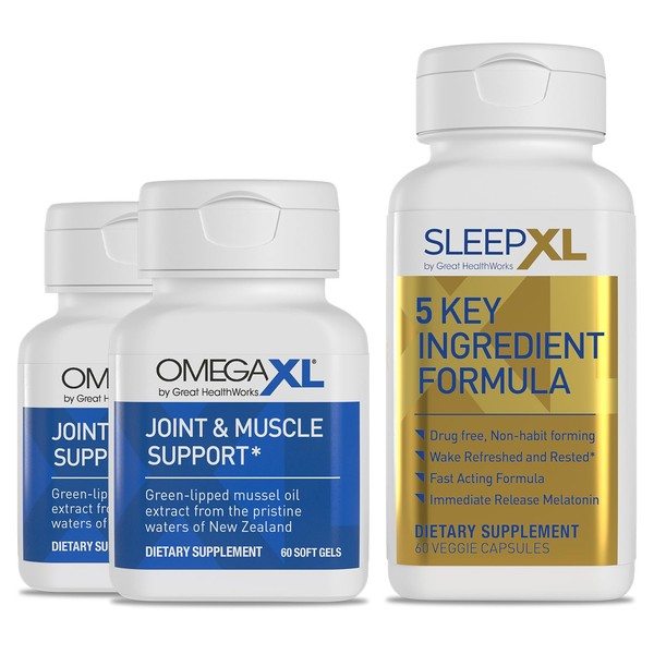 OmegaXL Joint Relief Supplement - Natural Muscle Support, 60 Softgels (2 Pack) & SleepXL immediate-Release melatonin, L-Theanine (Calming), Chamomile, Magnesium & B6 (60 Vegan Capsules)
