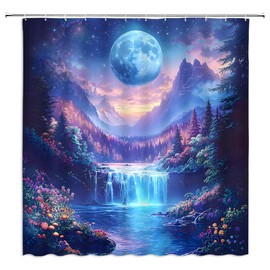 Moon Space Waterfall Shower Curtain Blue Starry Night Sky Mountain Lake Tree Floral Forest Wonderland Fantasy Nature Landscape Bathroom Decor Polyester Curtains with Hooks,70Wx70L